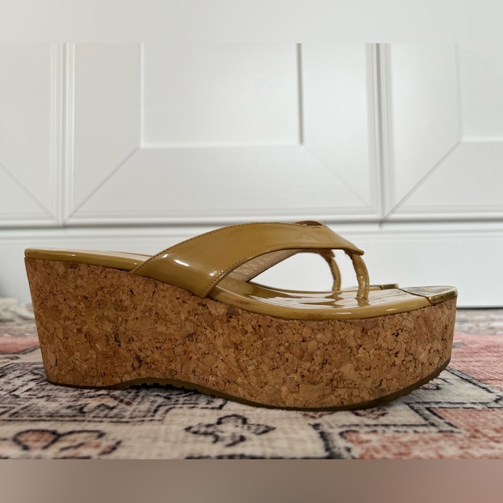 Jimmy Choo Glossy Tan Patent Leather Cork Platform Wedge Sandals